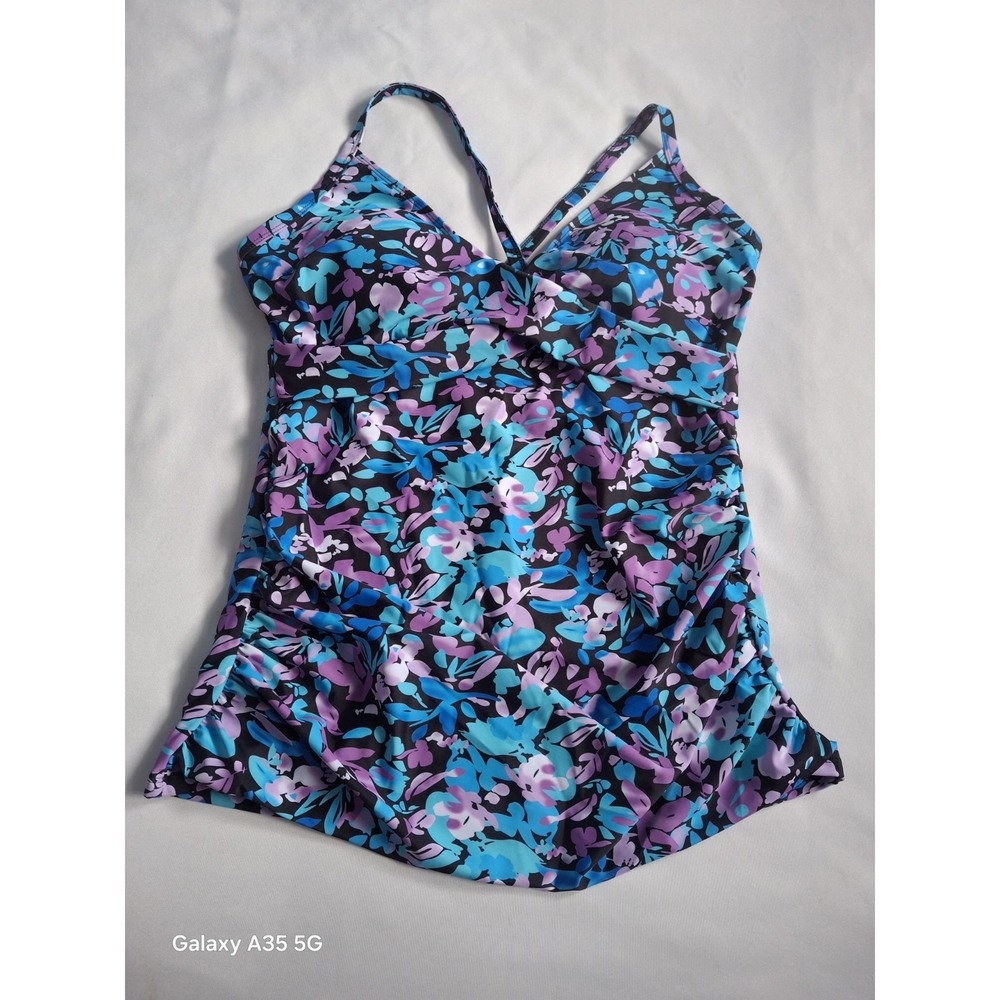RELLECIGA Twist Front Tankini Swimsuit Top‎ Women Purple Floral Print Slimming